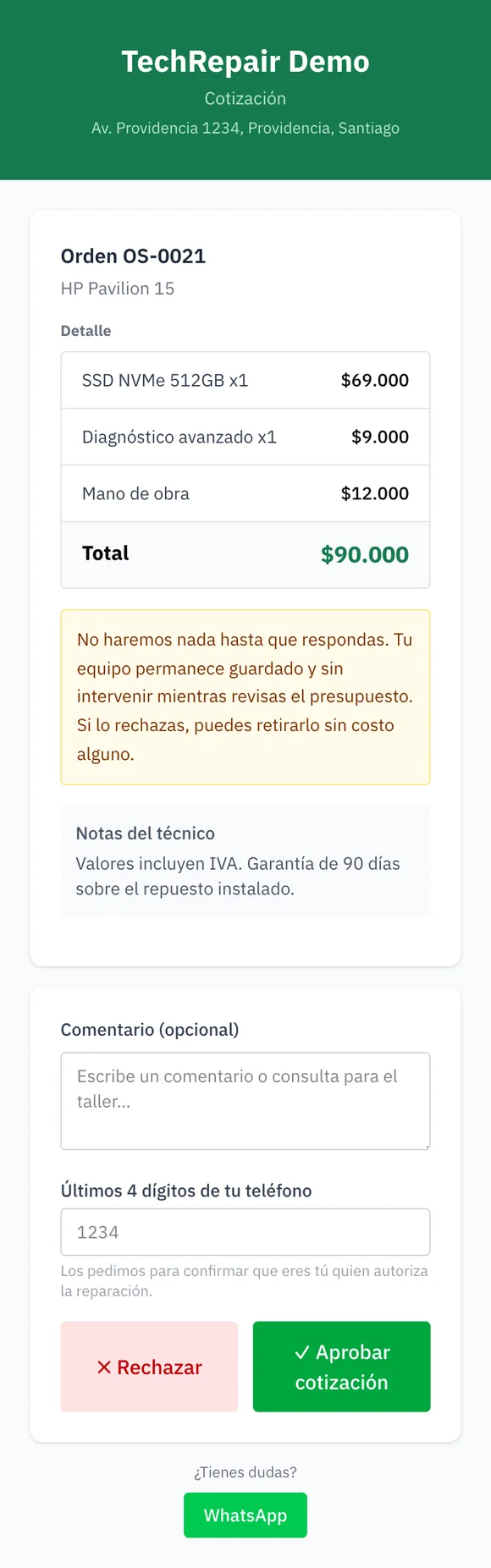 Cotización aprobada por el cliente desde su teléfono
