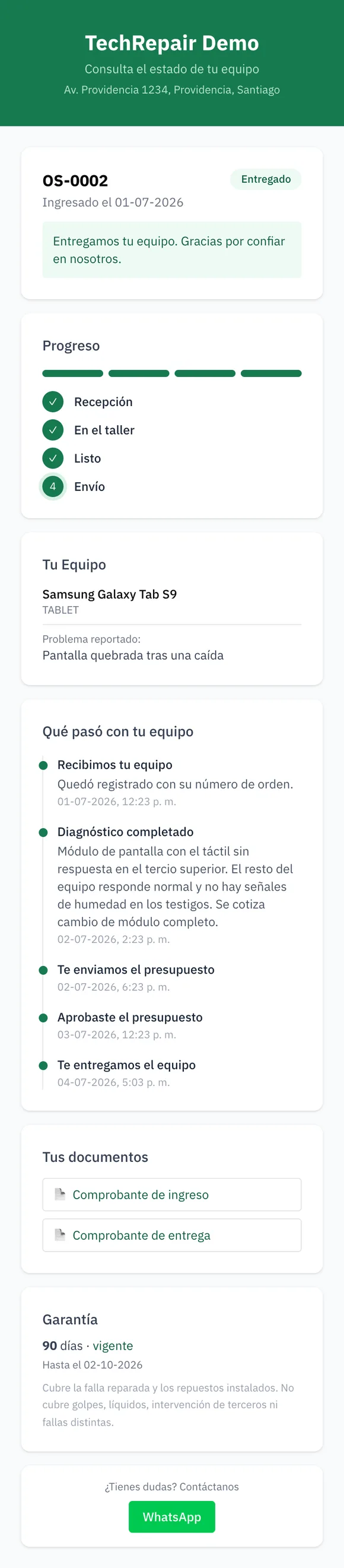 Seguimiento público en el teléfono del cliente